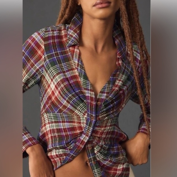 Pilcro Tops - Pilcro Cinched Deep V Plaid Button Down Longsleeve Multicolor Boho Top Size L